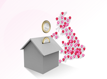 House with coins on a pink background