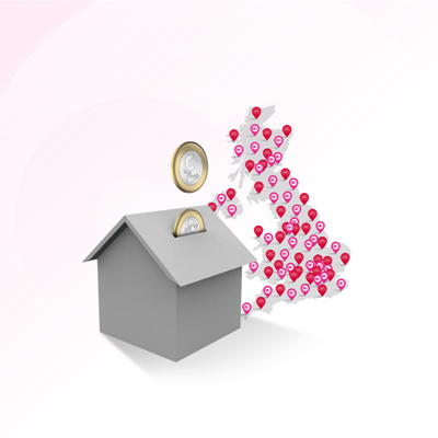House with coins on a pink background