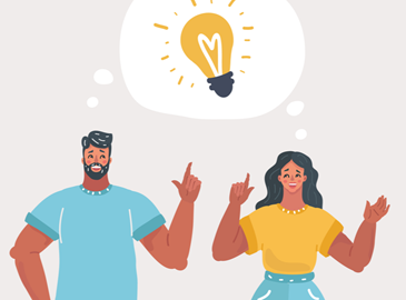 Animated couple below lightbulb in thought bubble 