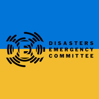 Disaster Emergency Committee logo in front of Ukraine flag