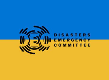Disaster Emergency Committee logo in front of Ukraine flag
