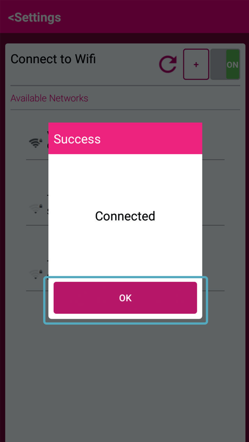 Payzone Plus device displaying Success connected message on Wi-Fi settings screen