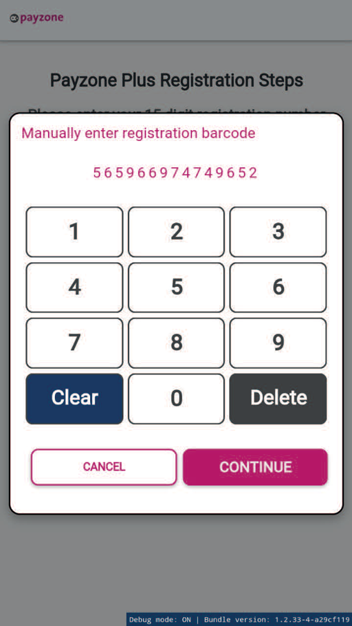 Payzone Plus device displaying numerical registration barcode keypad on registration screen
