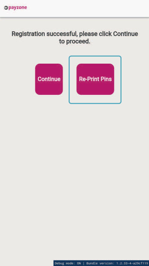 Payzone Plus device displaying selected Reprint PINs option on screen