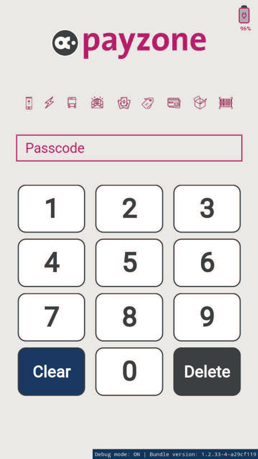 Payzone Plus device displaying numerical passcode keypad