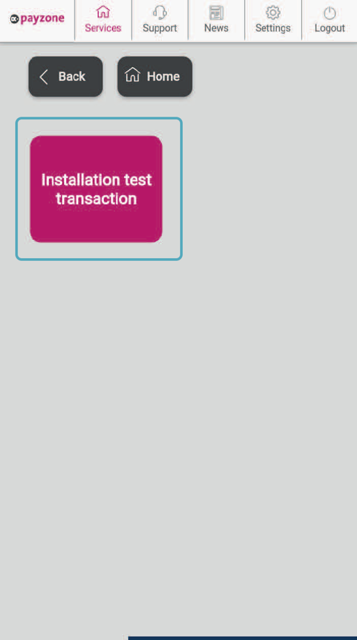 Payzone Plus device displaying installation test transaction screen under settings