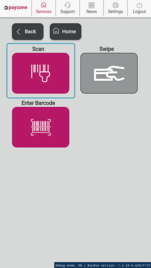 Payzone Plus device displaying selected Scan option on screen
