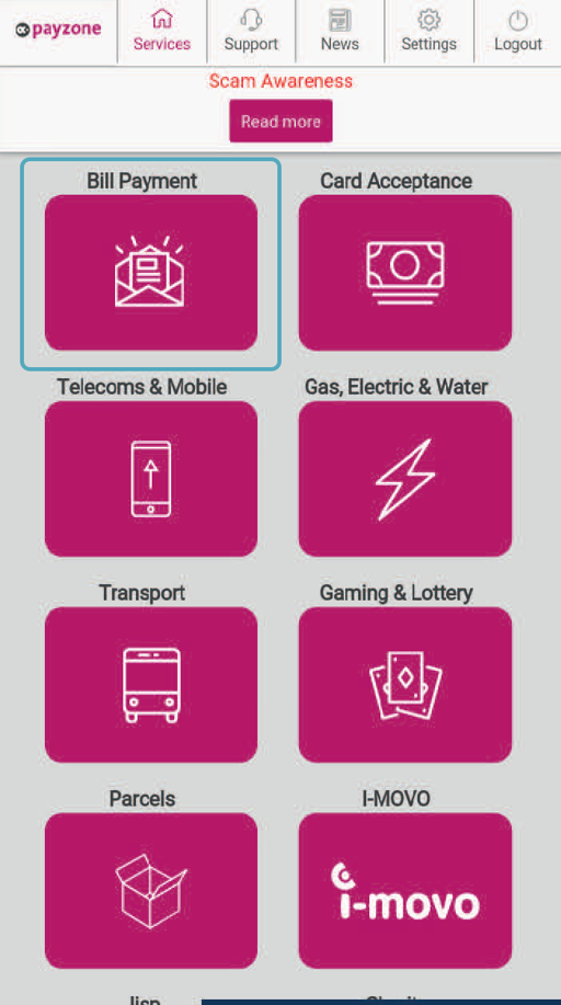 Payzone Plus device displaying  bill payments option selected on services screen
