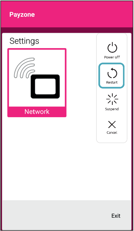 Payzone Plus device displaying selected Restart button on Network settings screen