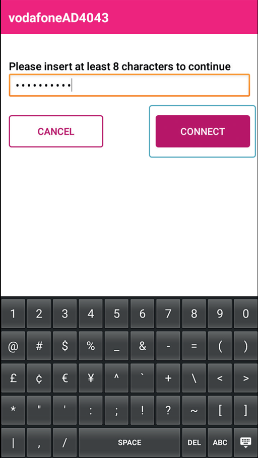 Payzone Plus displaying router password screen with text field, keypad and connect and cancel buttons